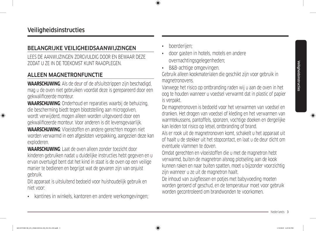 Samsung MC455TERCBB/EN manual Veiligheidsinstructies, Nederlands  